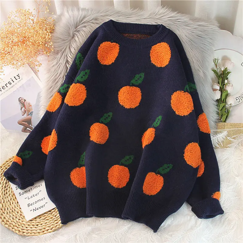 

Women Retro Sweet Beauty Crew Collar Knitted Pullover Autumn Winter New Sweater Cherry Pattern Long Sleeve Knitwear Streetwear