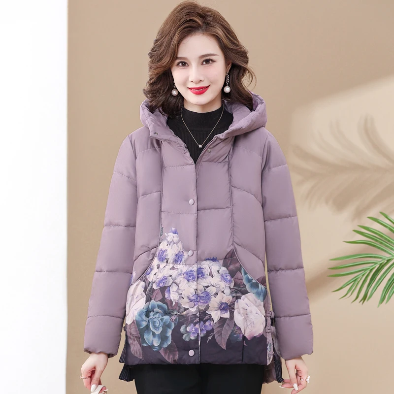 2022 New Warm Thicken Print Loose Down Jacket Women Winter Jacket Hooded Cotton Coat Korean Female Parkas Basic Coat
