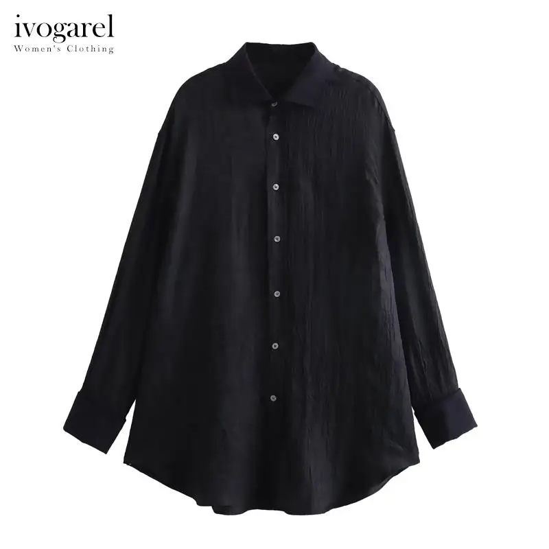 

Ivogarel Black Creased Oversized Shirt Women's Autumn Elegant Feminine Loose-Fitting Shirt Ladies Long Sleeves Blouses Tops