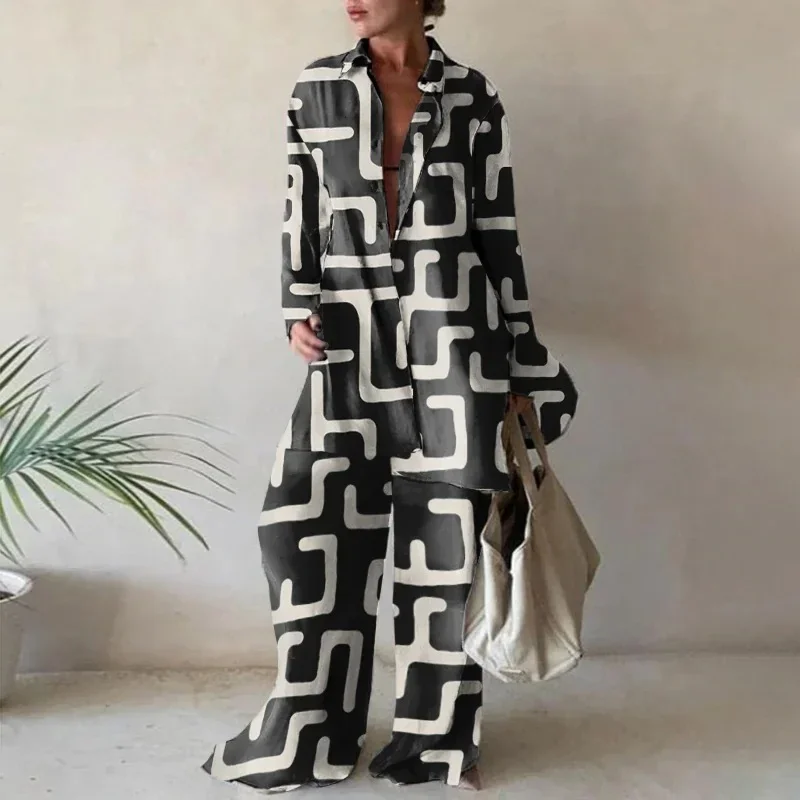 Fashionable Printed Loose-Fit Long Sleeve Suit Jacket+Straight-Leg Trousers Women's Autumn/Winter 2022 Cross-Border Foreign Trad