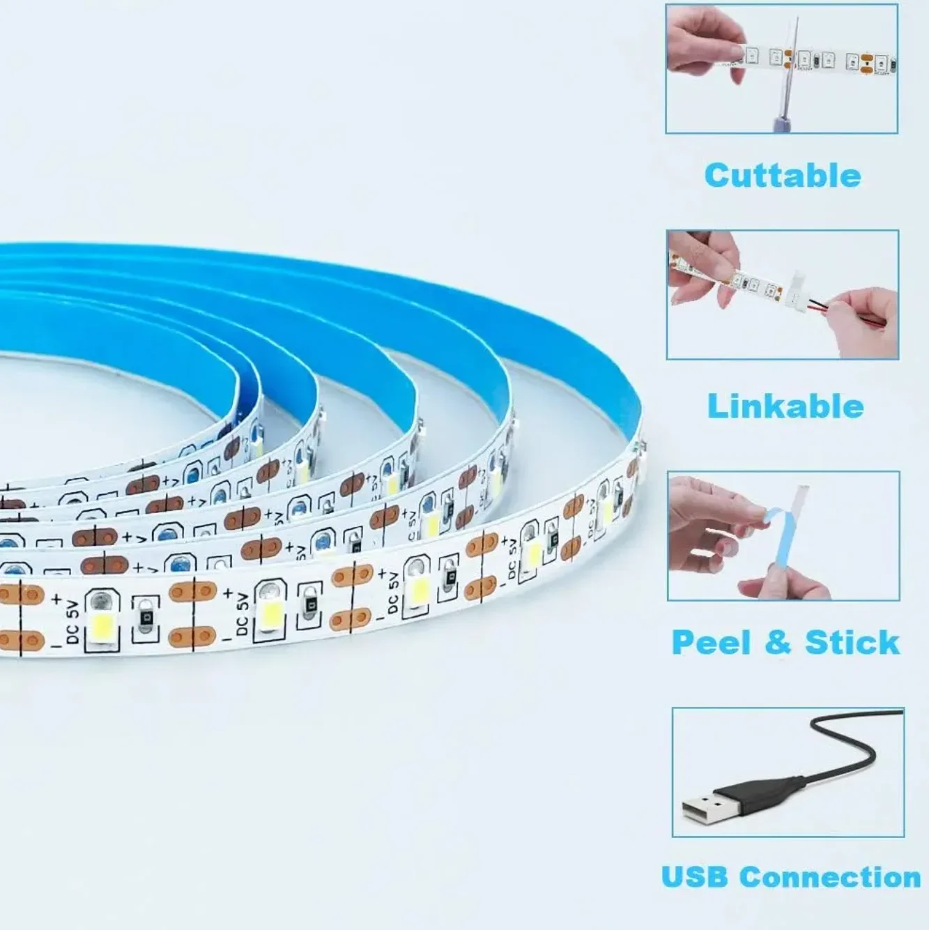 Фото Светодиодные ленты DC 5V USB 2835 – белые, теплые белые для фоновой подсветки телевизора, домашнего декора – ленточная лампа, гирлянда 1-5 м для украшения №4