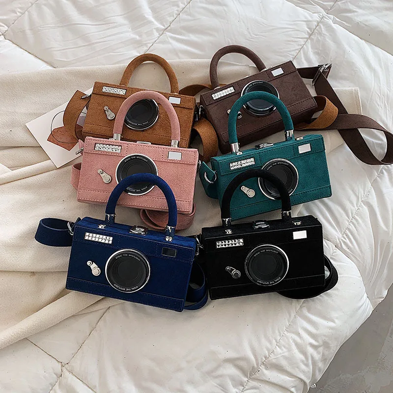 Camera Wide Shoulder Bags for Women Vintage Nubuck Leather Purses and Handbags Unusual Messenger Bag Creative Party Small Bag
