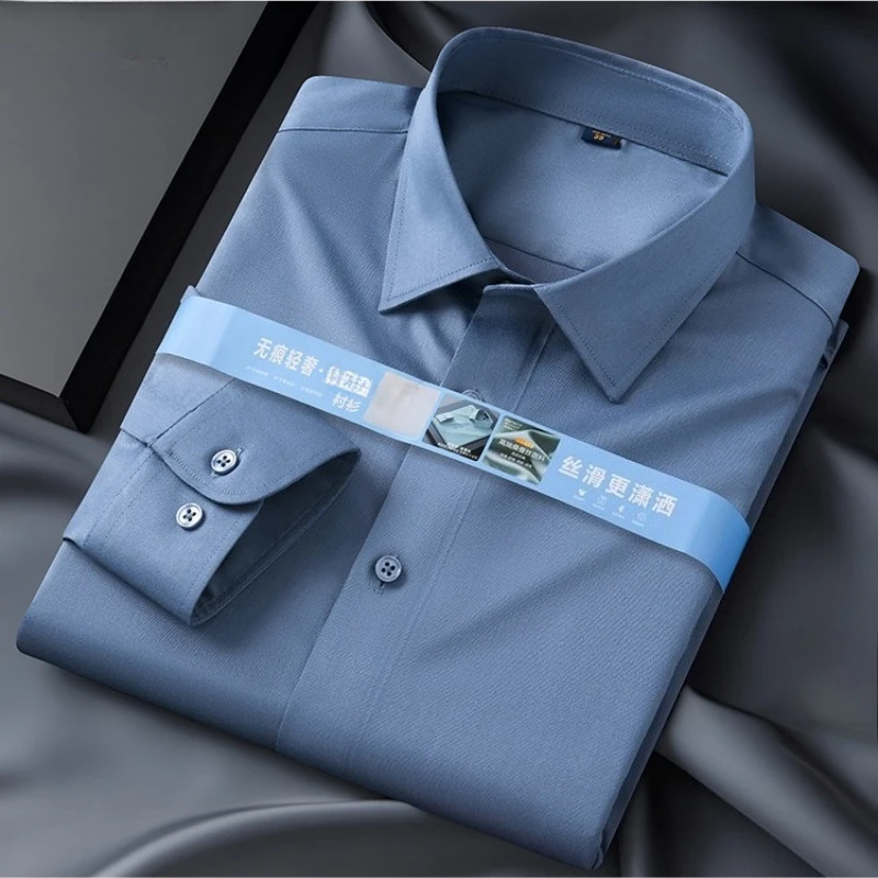 Фото Non-Iron 8XL 7XL Высококачественная мужская рубашка из модала против морщин, повседневная рубашка с длинным рукавом, облегающая офисная сине-белая рубашка, мужские рубашки с длинным рукавом №1