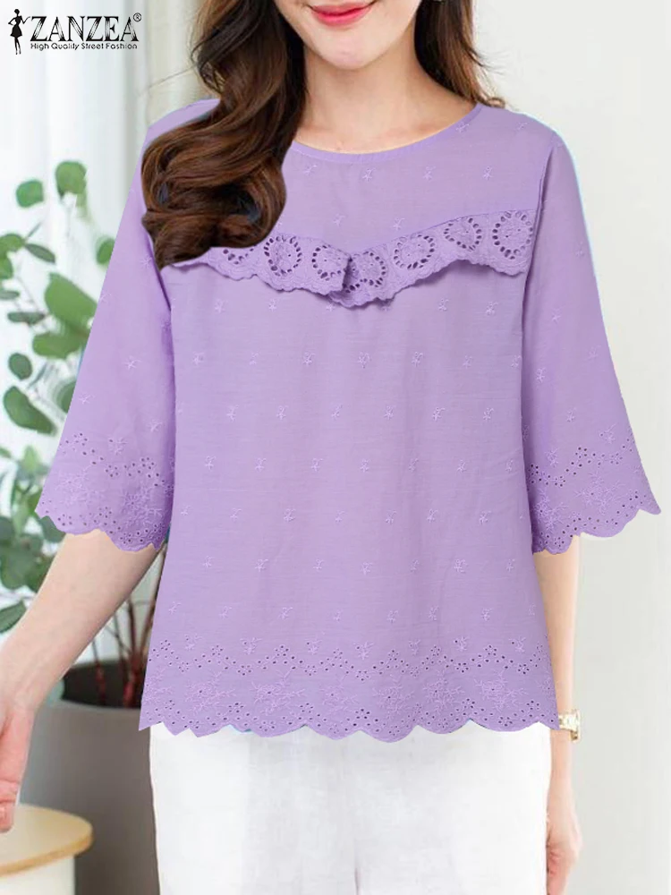 ZANZEA модные блузки с вышивкой 2024 осенние однотонные кружевной отделкой свободные