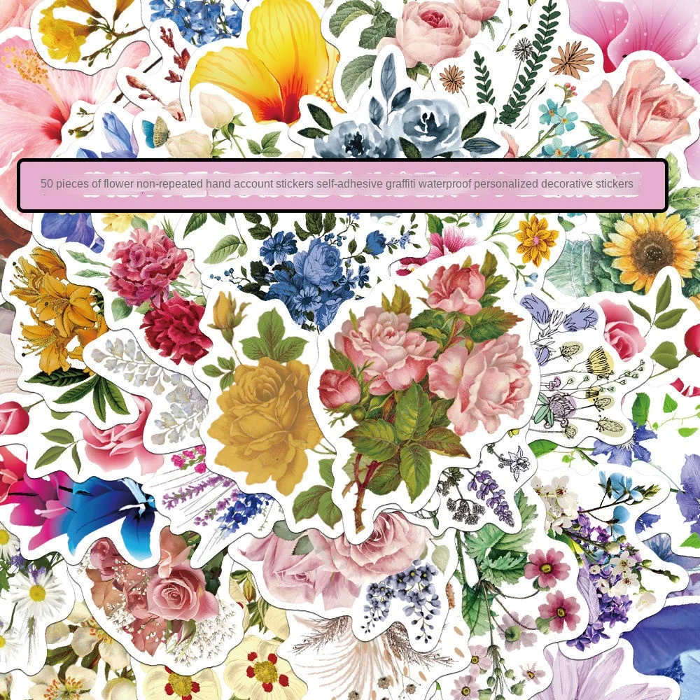 

50 Sheets Flower Pattern Waterproof PVC Stickers Self-Adhesive Graffiti Indoor Decorative Personality Decorative DIY Stickers