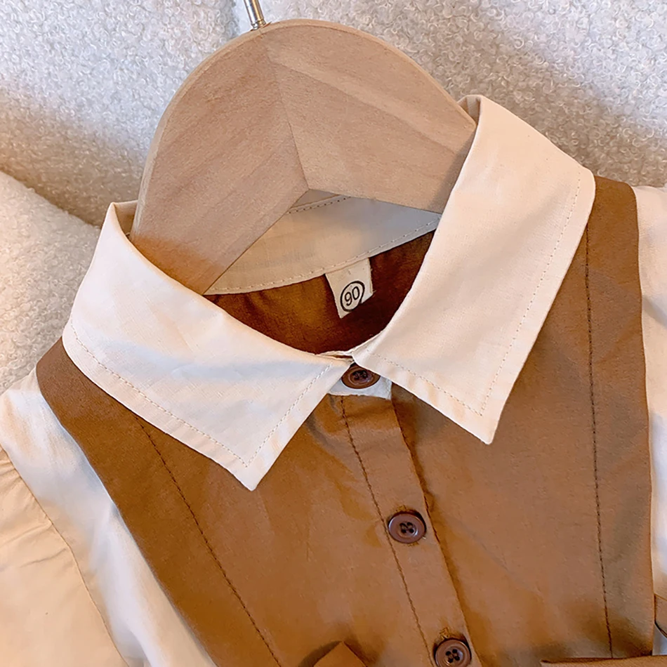 na moda jesienna dla małej dziewczynki z długim rękawem i kokardką kołnierzykiem swobodna koszula sukienka dzieci elegancki formalny strój