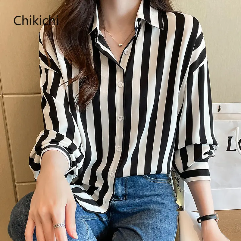 

Chikichi Lapel Black and White Striped Chiffon Shirt 2023 New Spring and Autumn Shirt Women's Retro Casual Chiffon Women Tops