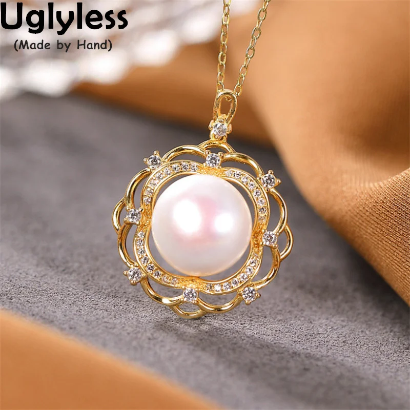 

Uglyless Natural Pearls Pendants Necklaces Women Elegant Dress Gold Fashion Jewelry 925 Silver Crystals Bijoux Hollow NO Chains