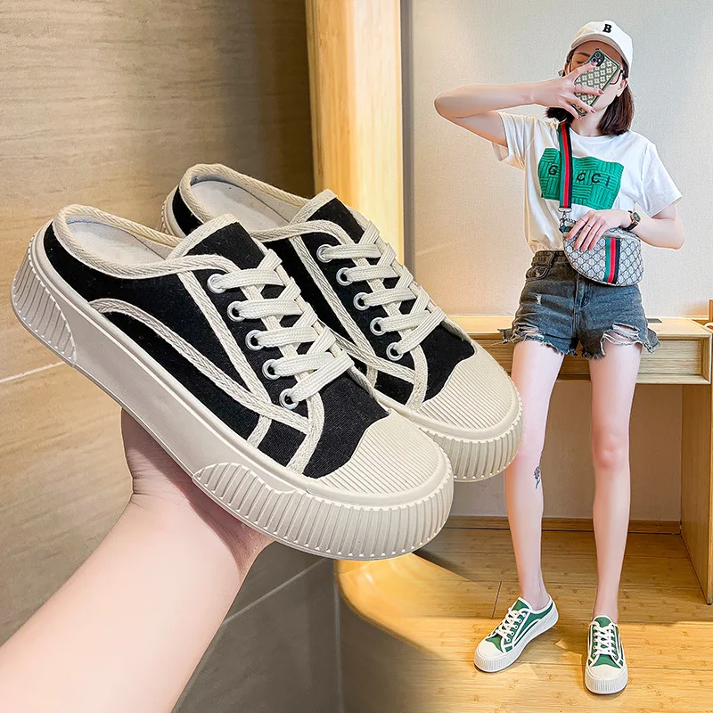 

Women's Thick-Soled Canvas Sandals Spring and Summer New 2022 Closed Toe Lace-up Women's Fashion Shoes Korean Style Ins Style Sl