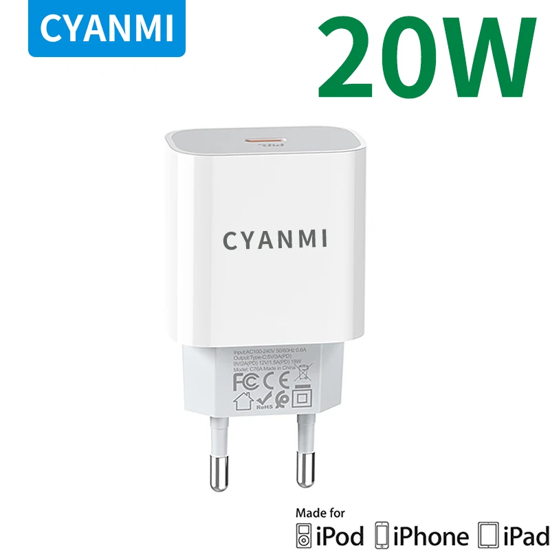 

CYANMI PD3.0 Fast USB Charger 20W Quick Charge FCP For iPhone 14 13 12 Pro XS For Sam sung S10 Huawei Universal Travel Adapter