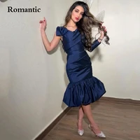 romantic blue satin short evening dress tea length one sleeve sweetheart saudi arabia vestido de festa for women plus size 2022