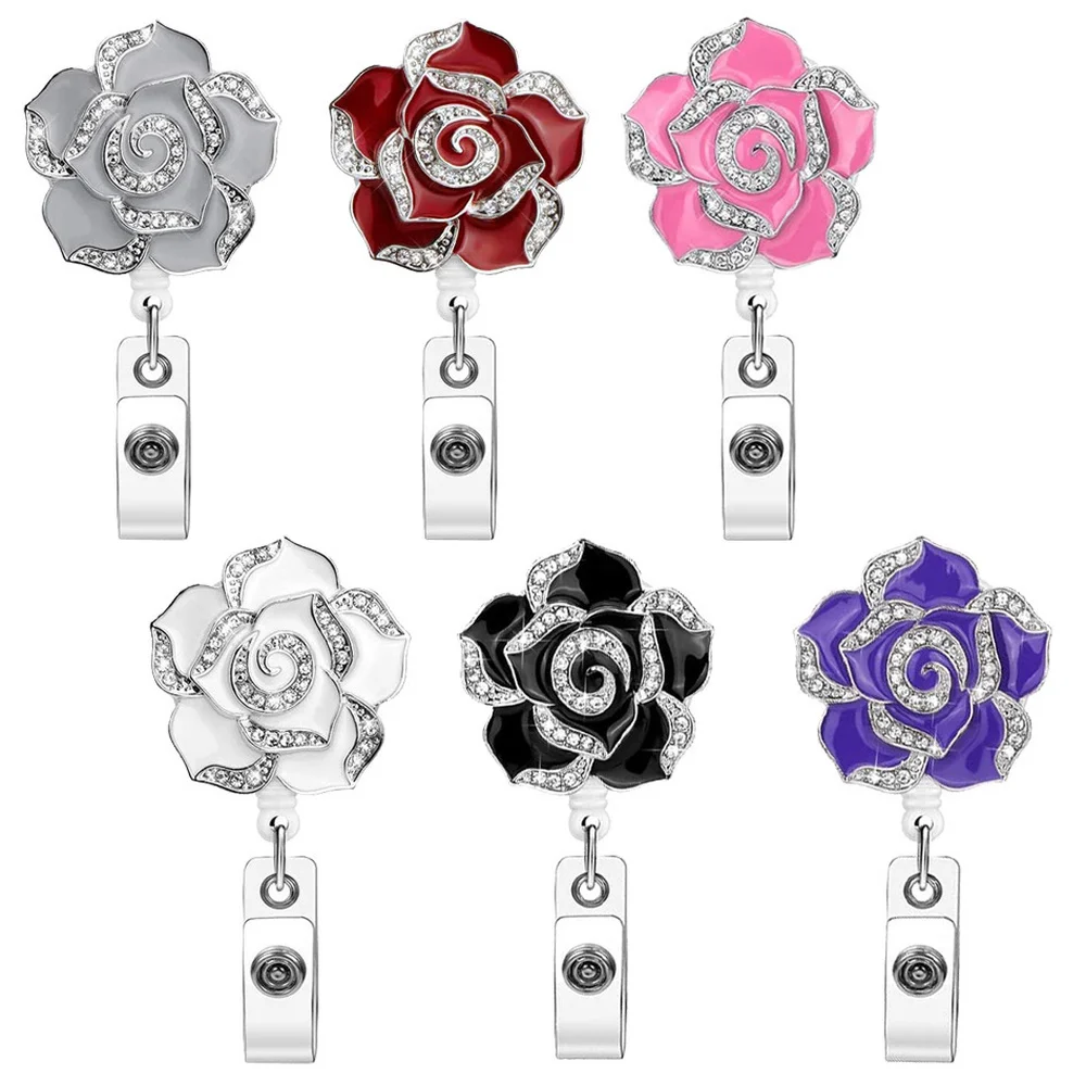 

Clip Reel Pass Tag Badge Badge Reel Name Card Retractable Diamond For Chest Girls Women Work Flower Lanyard Rose