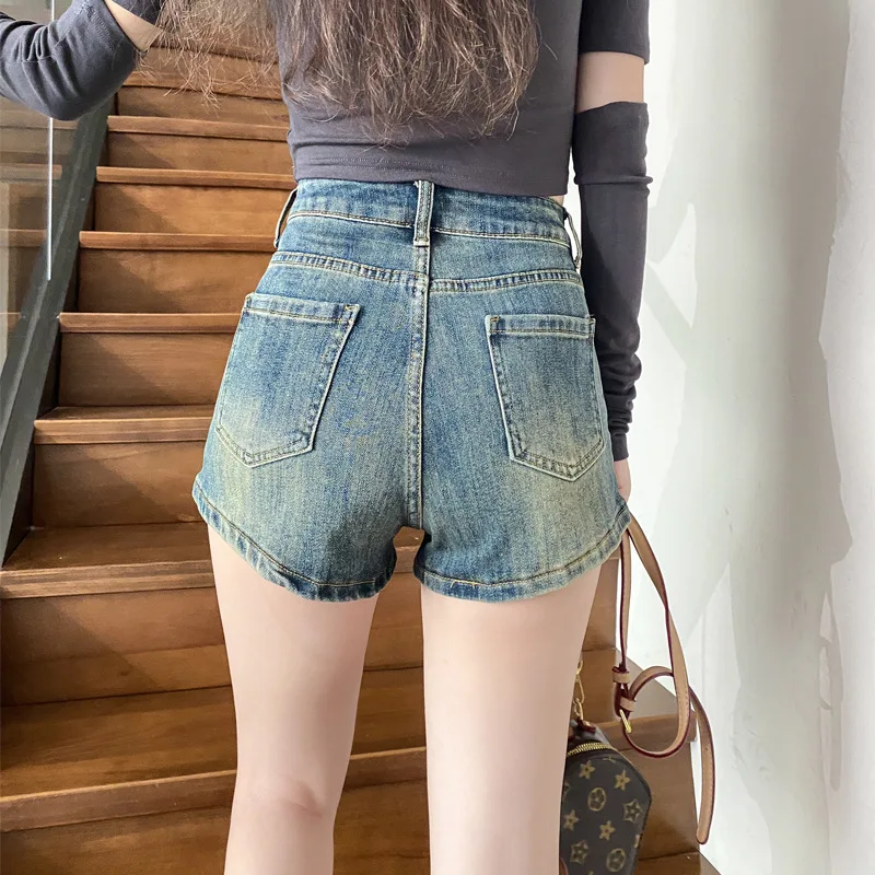 Retro minimalist denim shorts jeans for women in 2023, new high waisted outerwear with spicy girls' elastic A-line straight leg