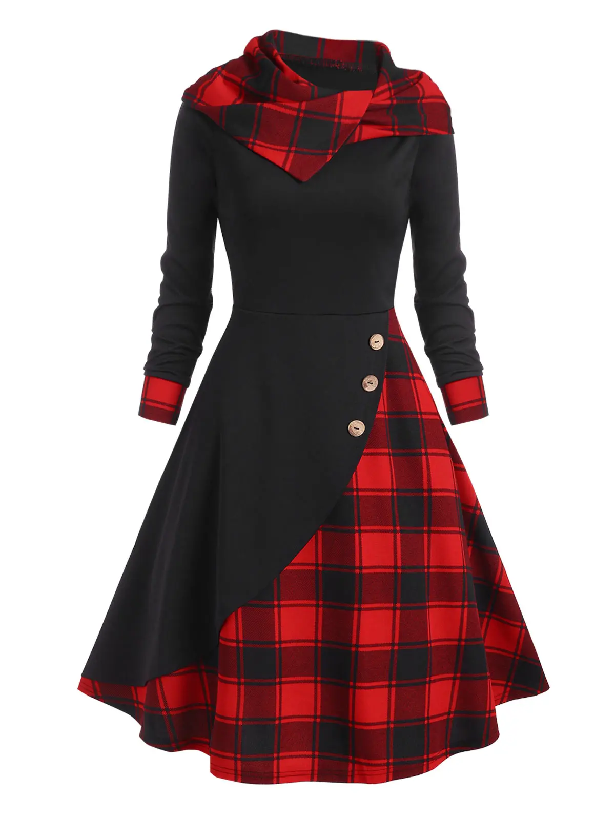 

Vintage Dress Women Hooded Plaid Mock Button Overlap Midi Dress Gothic Punk Long Sleeve Casual Sexy Party Dress Harajuku