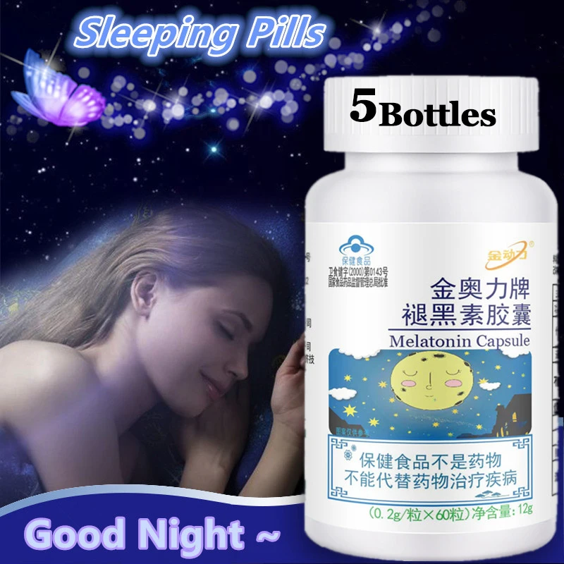 

5 Bottles Sleeping Pills Strength Melatonin Help Improve Sleep Night Time Aid Dissolve Dietary Supplement Asleep Faster Longer