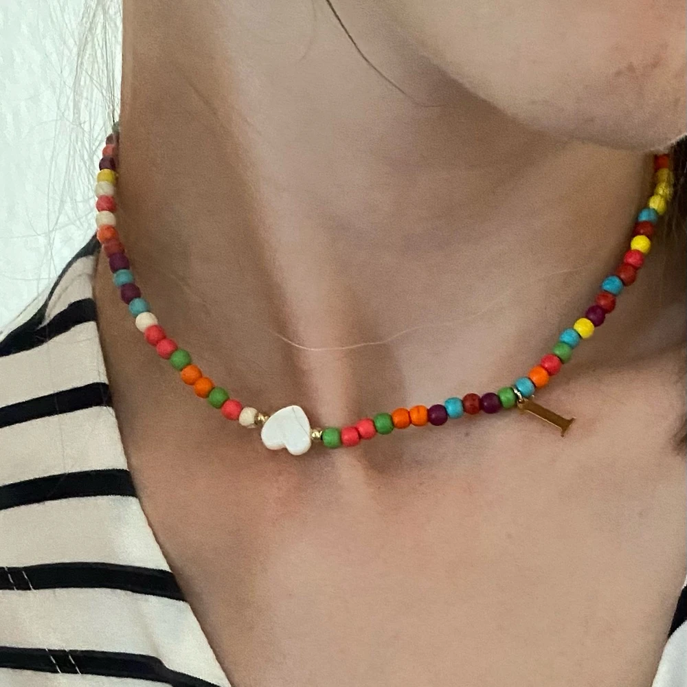 TAUAM Beads Initial Shell Heart Choker for Women Stainless Steel Letter Pendant Necklace Fashion Jewelry Boho Accessories