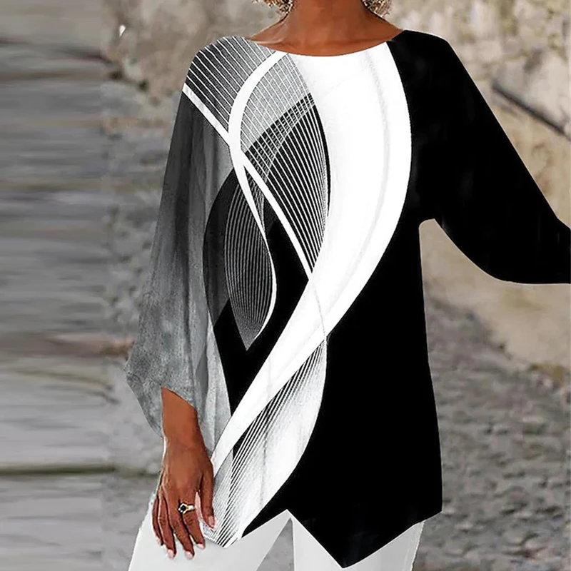 

Spring Summer Geometric Print Women Blouse New Casual O Neck Loose Irregular Tops Vintage Long Sleeve Office Lady Shirt Pullover