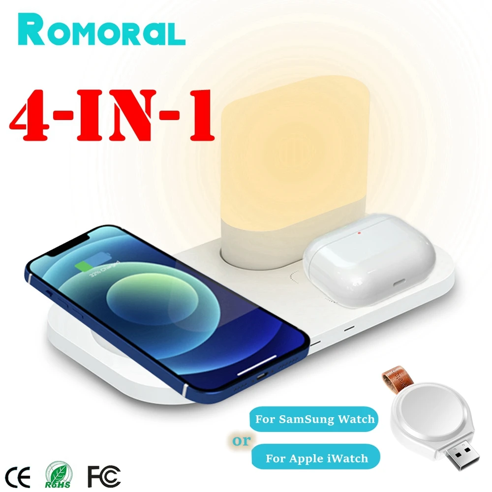 Wireless Charger with Night Light Fast Charging Station LED Bedside Lamp Dock For Samsung Watch or Apple Watch iPhone 13 AirPods
