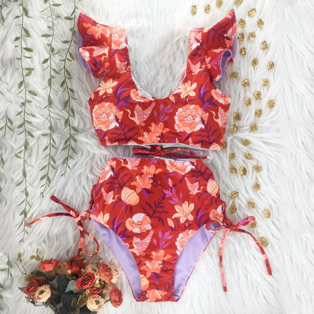 

Two-Pieces Women Floral 2022 Push-Up Padded Bra Ruffles Bandage Bikini Set Swimsuit Swimwear Bathing Suit Beachwear Biquini