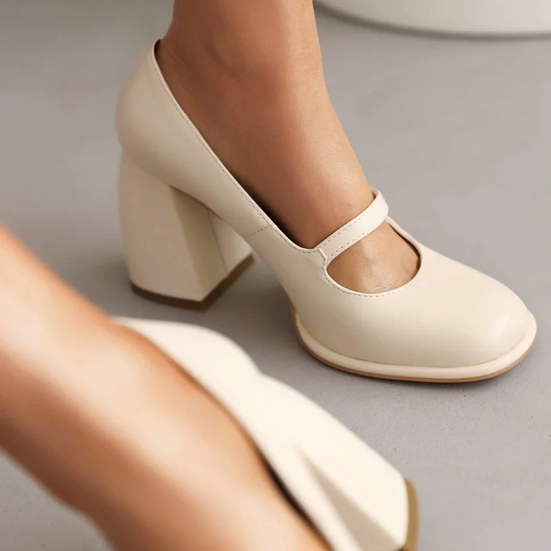 classic pumps designer shoes new 2023 spring summer pu leather thick high heels women buckle decoration party dress nude pumps