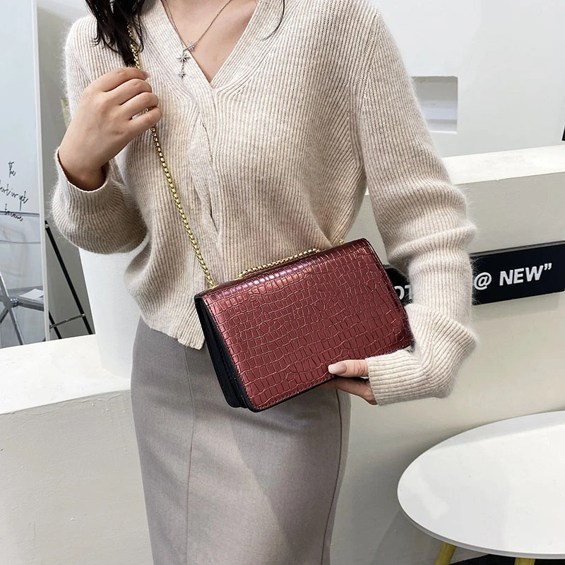 Fashion Exquisite Ladies Shoulder Bags 2023 New Wild Chain Messenger Bag PU Solid Color Crocodile Pattern Small Square Bag