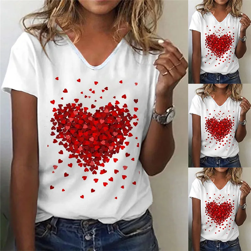 

Summer Fashion Women's Love Print Short Sleeve V-Neck T-shirt Casual Versatile Top Female and Lady Leisure Shirts