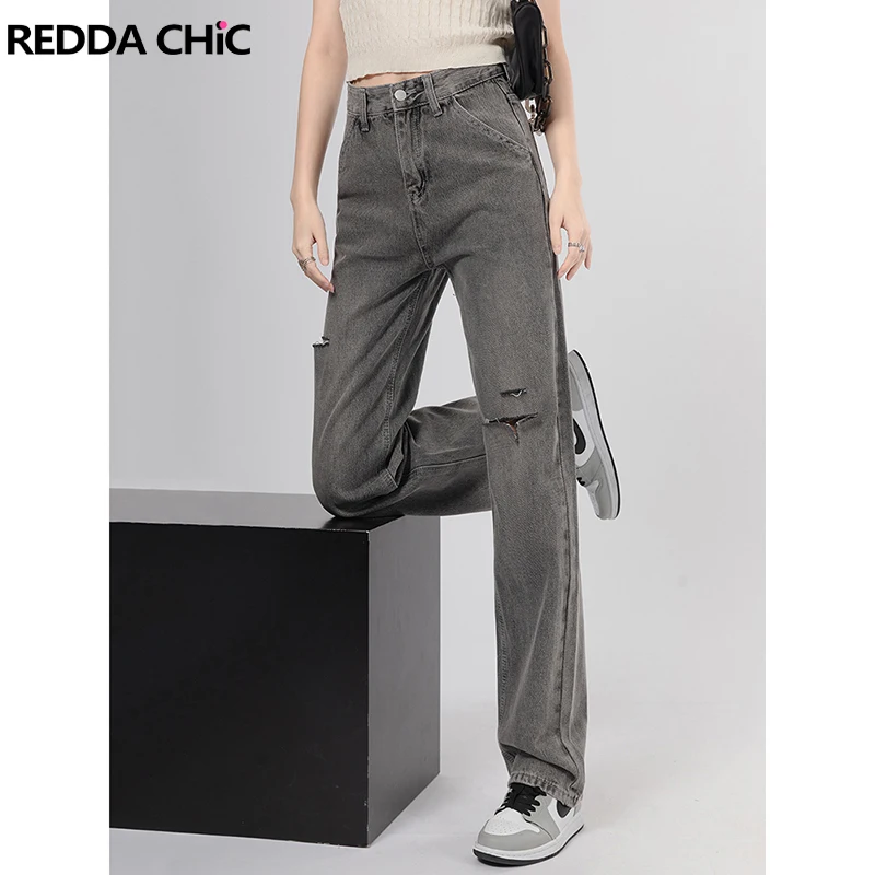 

REDDACHiC Emo Streetwear Retro Gray Ripped Y2k Jeans Women Straight Wide Pants Cut Torn Hip Hop Trousers Gyaru Harajuku Fashion