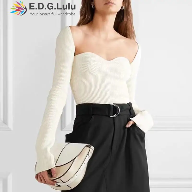 

EDGLuLu Square Neck Off Shoulder Long Sleeve Crop Top Female Clothing Casual T Shirt Sexy Women Purple Green Black T-shirt 0705