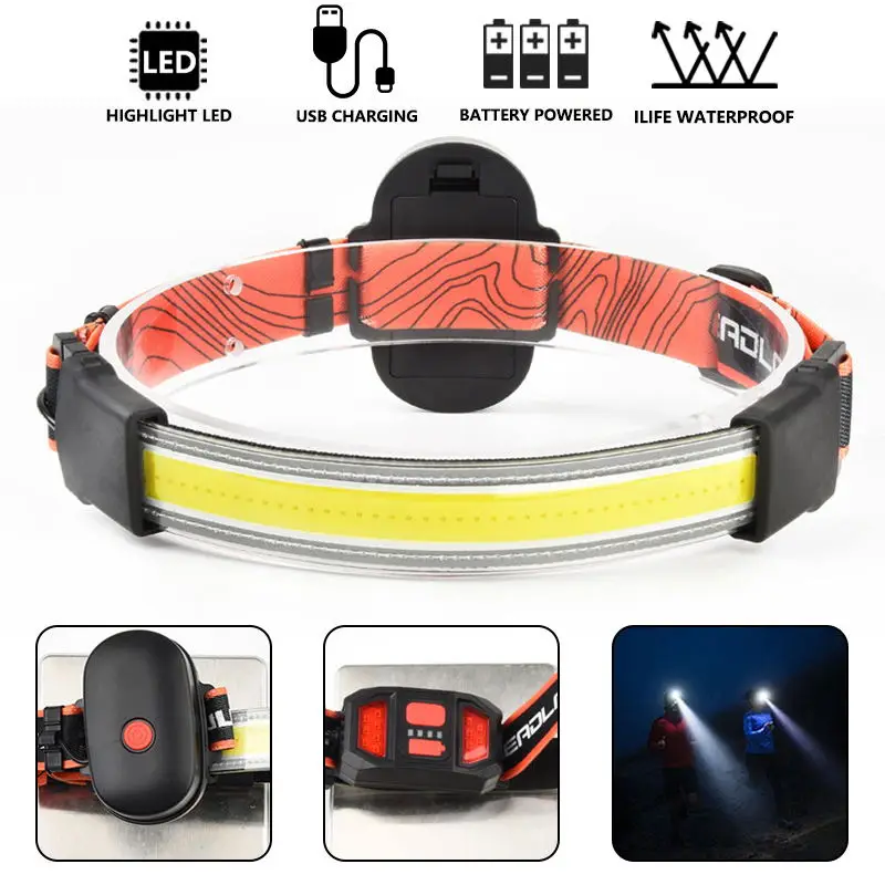 

Headlamp USB Charging Light Large Floodlight Cob Outdoor Camping Head Mounted Soft Light Patch Headlamp 3 Light Modes Flashlight
