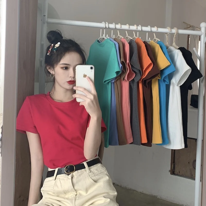 

Rose red front shoulder short sleeve T-shirt women's wear 2022 summer new ins super hot slim bottomed Shirt Top ins fashion