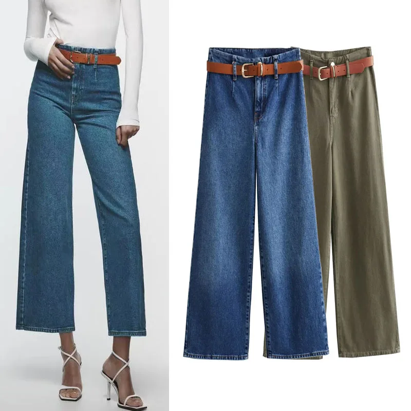 

Женские джинсы с широкими штанинами TRAF, модные брюки с высокой талией и поясом, женские укороченные мешковатые джинсы, Элегантные новые брюки на молнии спереди, 2023