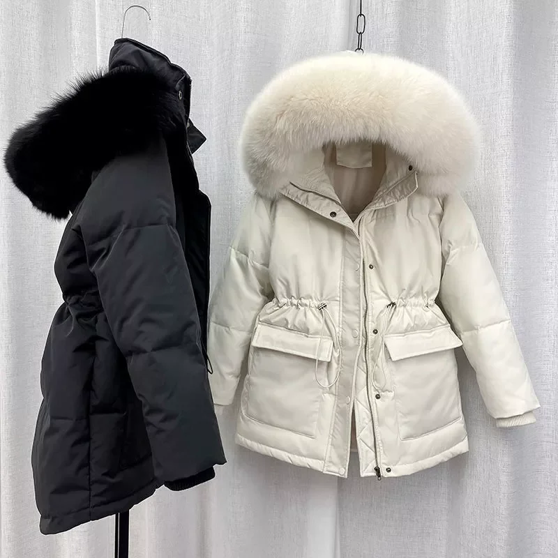 

2022 Cotton Padded Fur Parka New Big Fur Collar Down Winter Jacket Women Thick Warm Parkas Female Outerwear