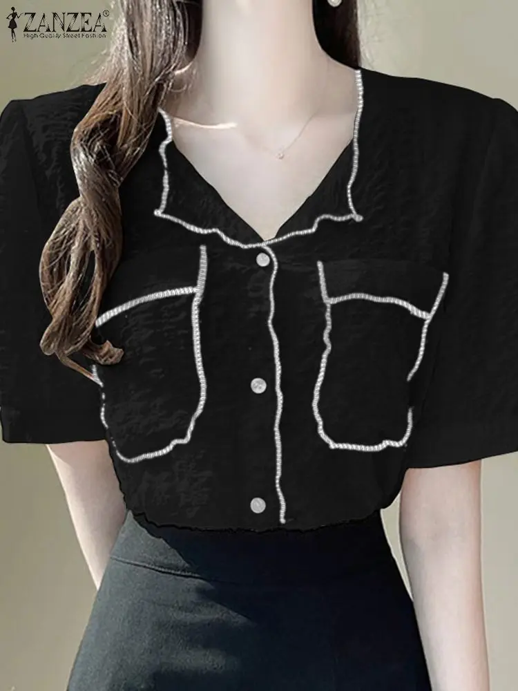 

ZANZEA Textured Detail Button Up Shirts Fashion Round Neck Sweet Versatile Tops Short Sleeve Elegant Color Block Women Chemise
