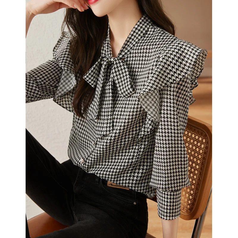 

Новинка осени 2023, рубашка с длинным рукавом из твида, женская шифоновая блузка с бантом и лентами с оборками