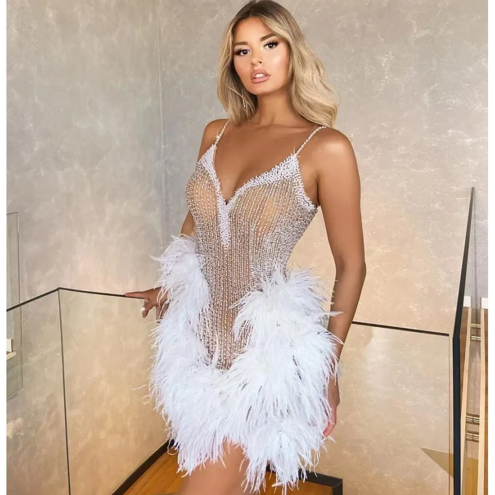 

Luxury Prom Dress Short 2022 Summer Designer Fashion Women Beading Sequined Feather Bodycon Mini Short Evening Club Party Dress