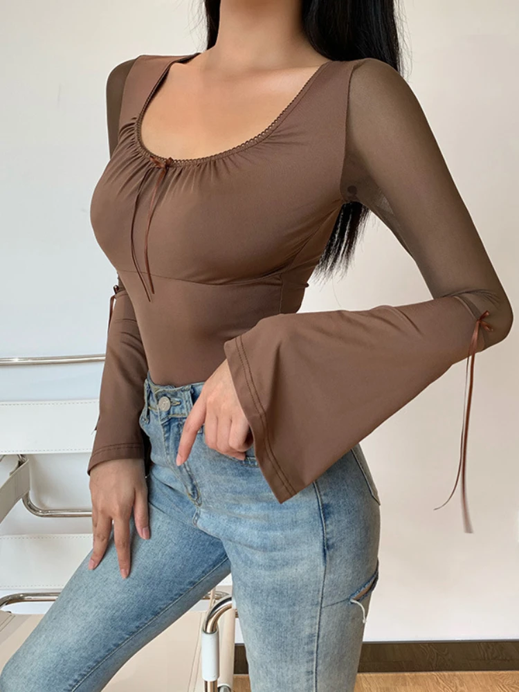 

2022 Women's Y2k Bodycon T Shirts Female Spring Summer Solid Color Long Sleeve Cut Out See Turough Sexy Tops