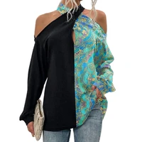 off shoulder front hollow long sleeve women blouse retro print halter pullover top streetwear