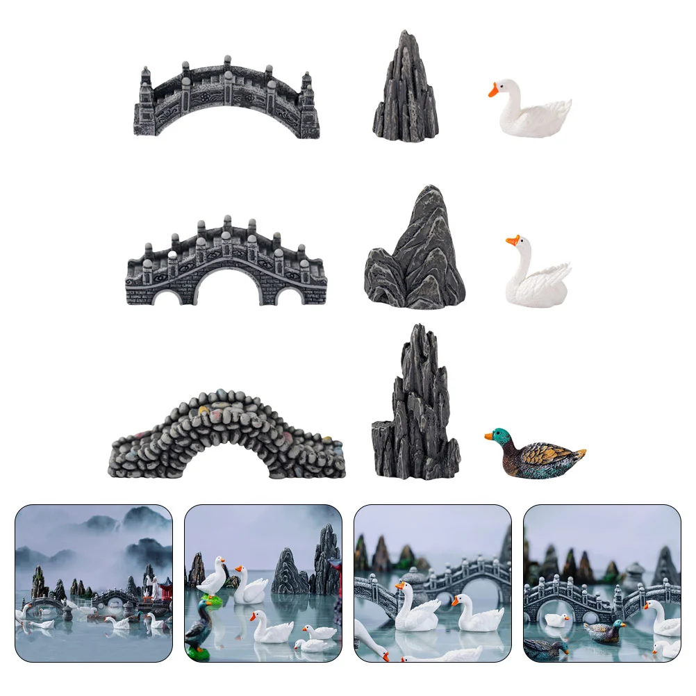 

Outdoor Statues Mini Goose Figurines Moss Bridge Decor Resin Themed Bonsai Decorations