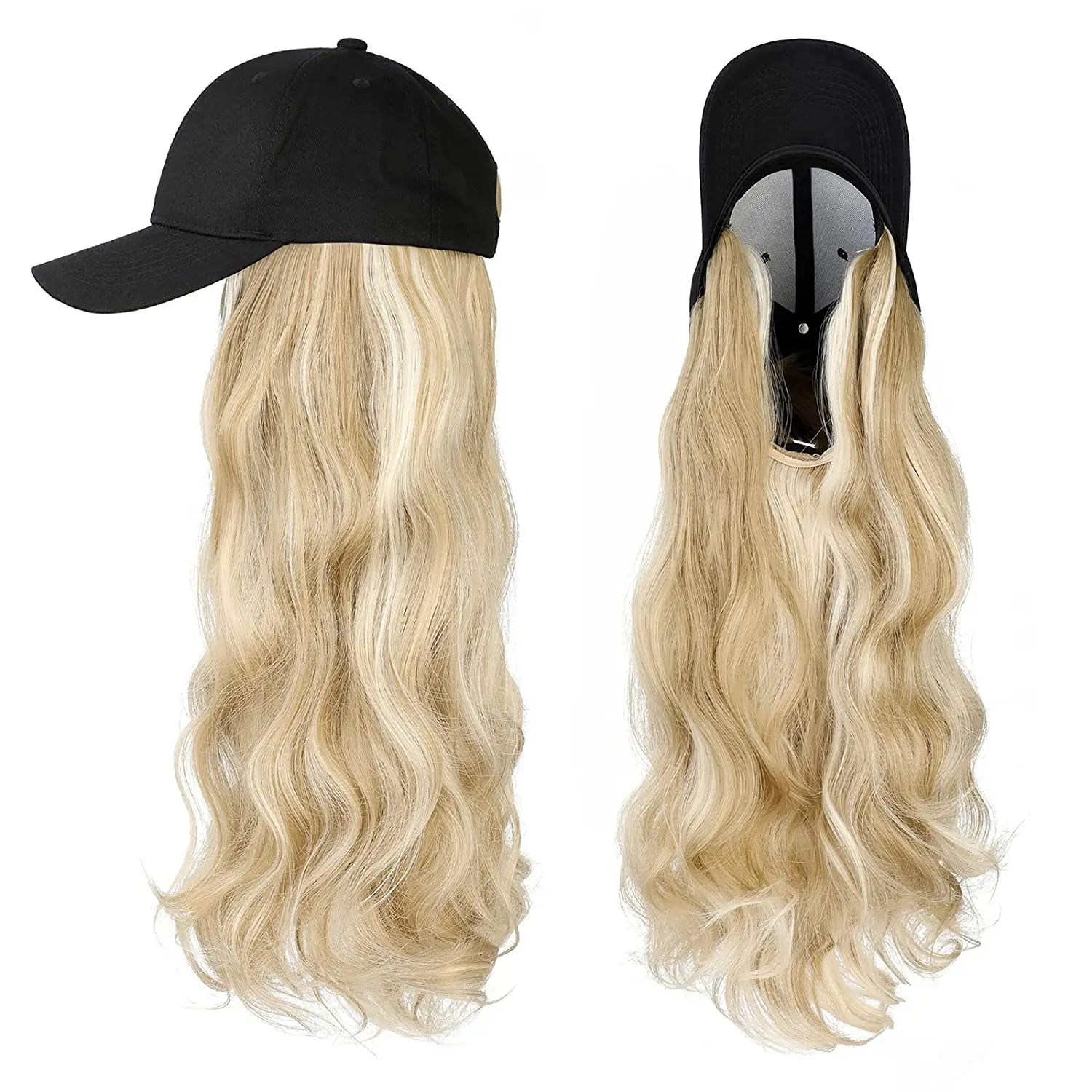 SHANGZI Long Wavy Synthetic Baseball white Cap whit Hair Wig Natural wigs Removable Naturally Synthetic Hat Wig For Girl