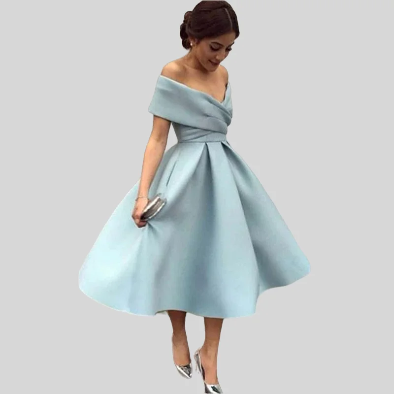 Sky Blue Prom Dresses A-line Off The Shoulder Tea Length Satin Short Prom Gown Evening Robe De Soiree Haute Couture