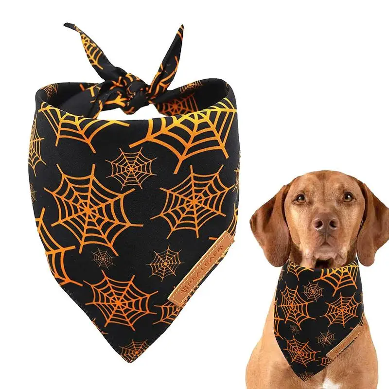 

Pumpkin Dog Bandana Dual Layer Halloween Scarves For Dogs Triangle Scarf Dog Costume Bandana Kitten Costumes Spider Web Printed