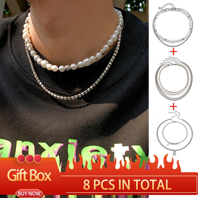 

8 Pcs Layered Stainless Steel Chain Choker Necklace Set for Men 2022 Fashion Pearl/Rhinestones Necklace Neck Jewelry Collar Gift