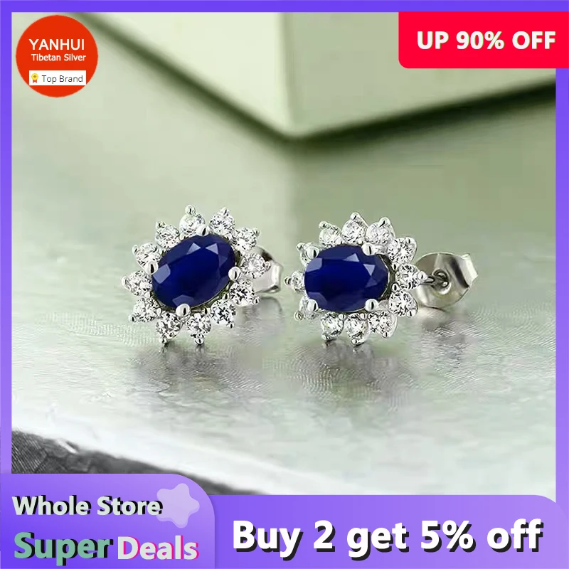 

Allergy Free 925 Silver Needle Earrings Vintage Simulated Sapphire Stud Earrings Piercing Ear Jewelry Accessories For Women Gift