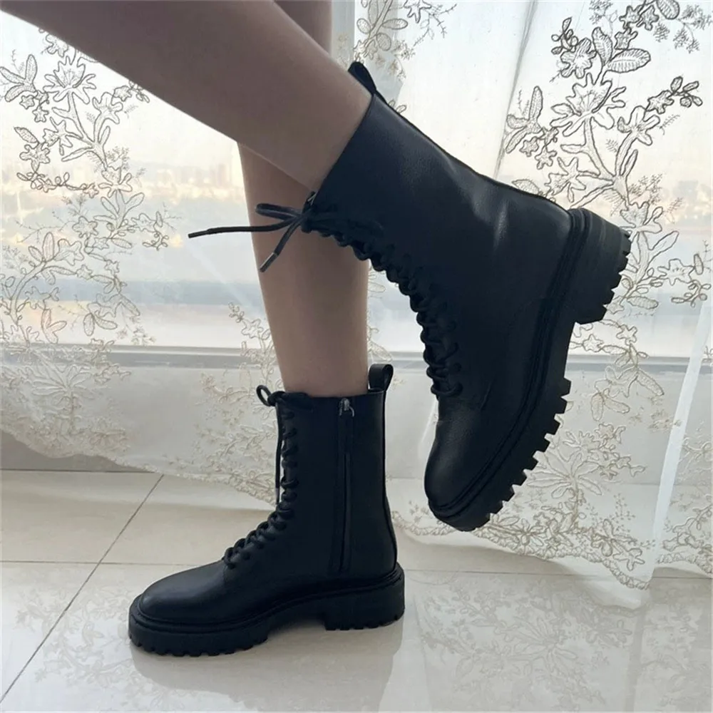 

Women's Ankle Boot Shoes Genuine Leather British Style Lacing Martin Boots Street Motorcycle Leather Boots 2023 Autumn Winter