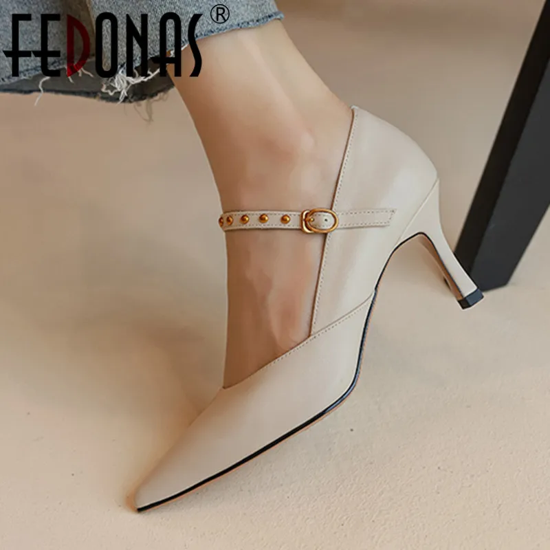 

FEDONAS Office Party Women Pumps Genuine Leather Pointed Toe Thin Heels Shoes Woman Elegant Concise Rivets Mary Janes Spring