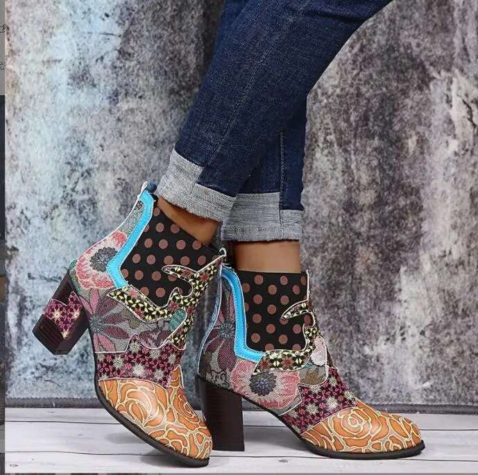 Women Sexy Shoes Splicing Printed Ankle Boots for Female PU Leather Retro Block High Heels Bohemian Ladies Autumn Short Boots
