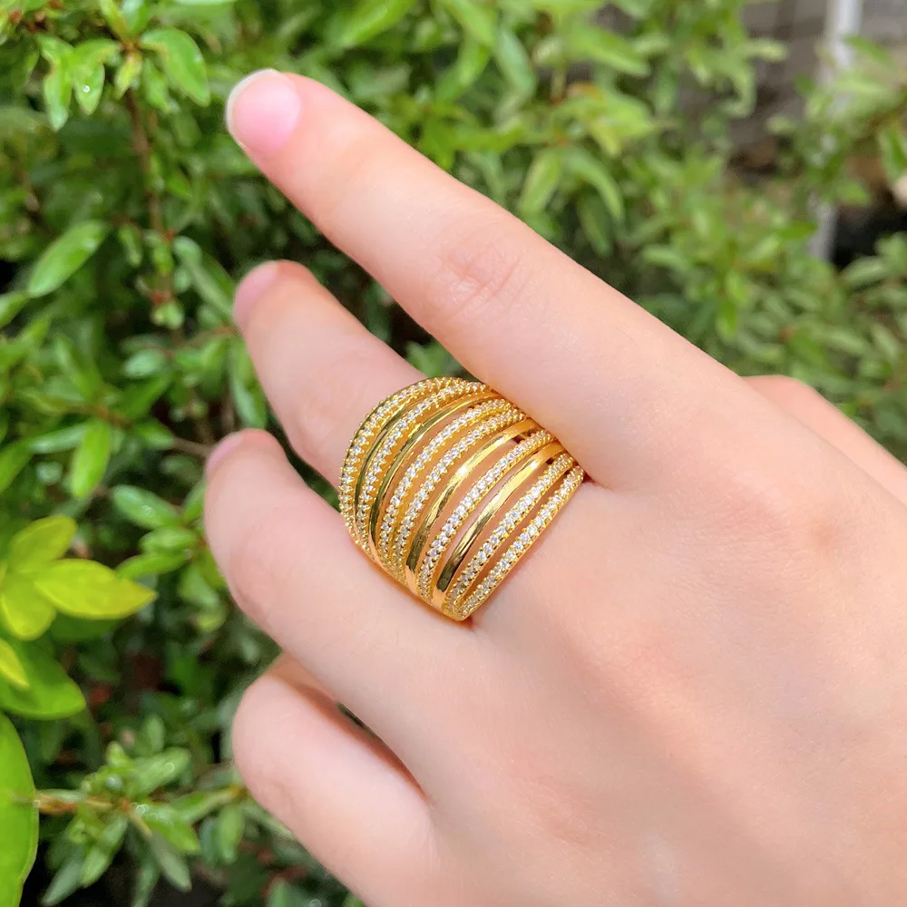 

Adjustable Multi Layer Round Cubic Zirconia Wide Big Engagement Wedding Party Rings for Women Dubai Gold Color Jewelry