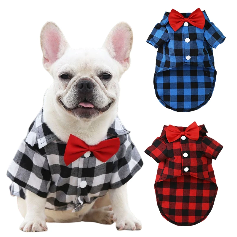 Lattice Pet Dog Clothes For Small Dogs Cat French Bulldog Shirt Wedding Suit Tie Puppy Summer Clothes Tshirt Costume For Big Dog