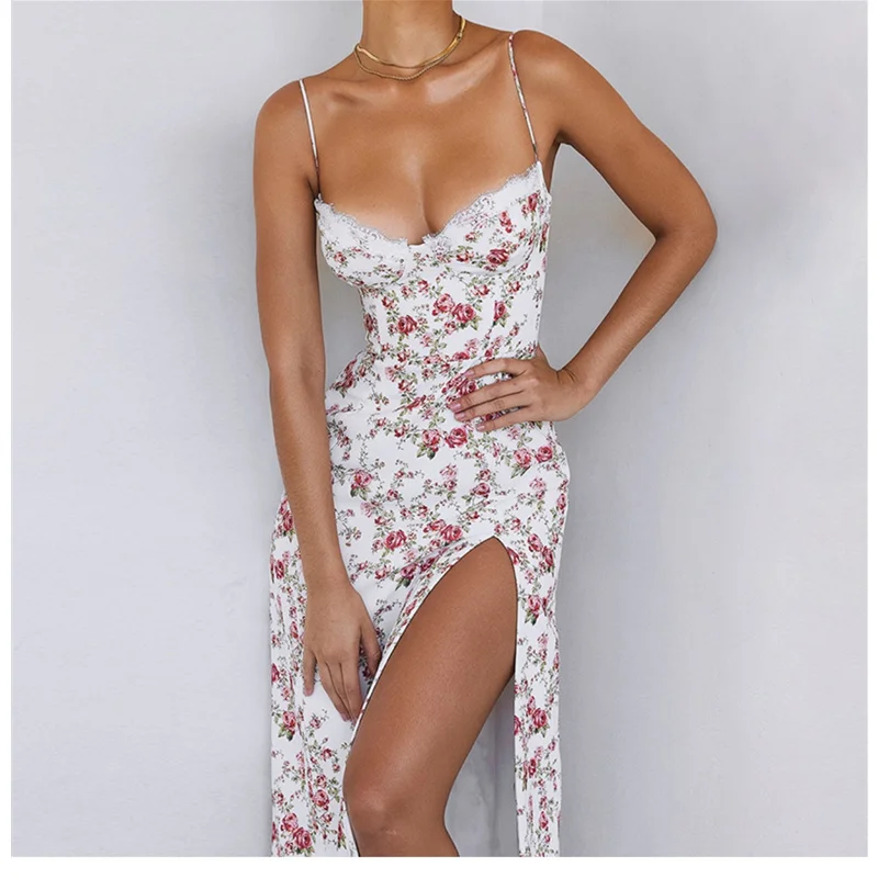 

Женское платье на бретельках, универсальное платье в европейском и американском стиле ретро с цветочным принтом, длинная юбка с высокой талией и Боковым Разрезом, весна 2023