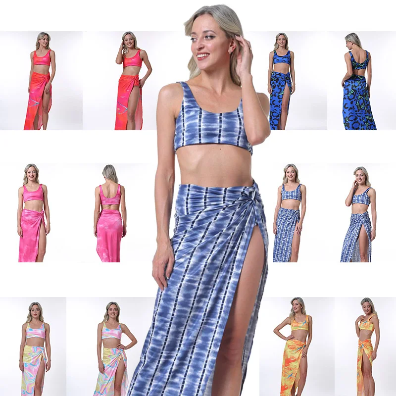 

Sexy Summer Two Piece Dress Sets Women Floral Print Crop Top Vest Tank And High Split Maxi Skirts Suits 2pcs Beach Outfits